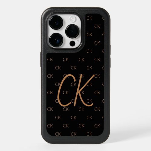 Black gold monogram initials script elegant OtterBox iPhone 14 pro case