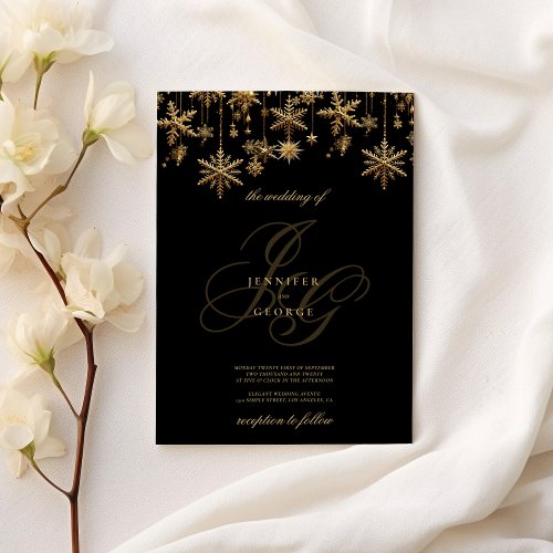 Black gold monogram initials snowflakes Wedding Invitation