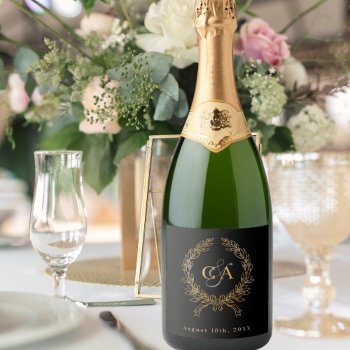Black Gold Monogram Initials Wreath Wedding Sparkling Wine Label by Thunes at Zazzle