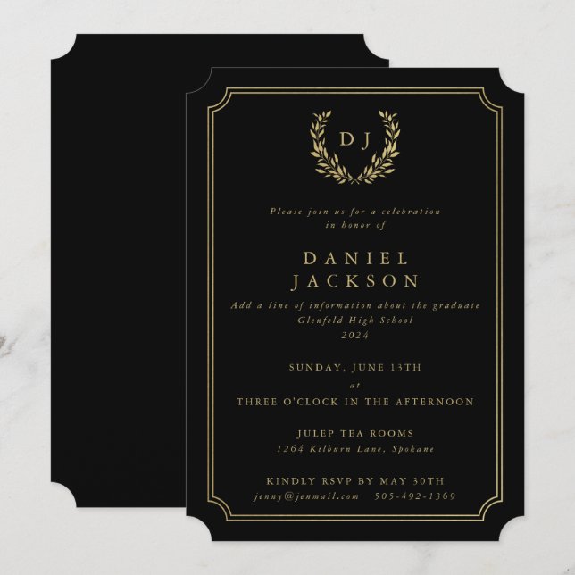 Black/Gold Monogram Laurel Wreath Graduation Invitation (Front/Back)