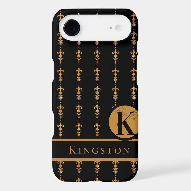 Black & Gold Monogram Letter "K" with Last Name Case-Mate iPhone Case (Back)