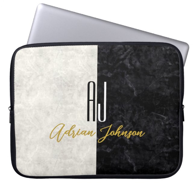 Black Gold Monogram Marble Laptop Sleeve (Front)