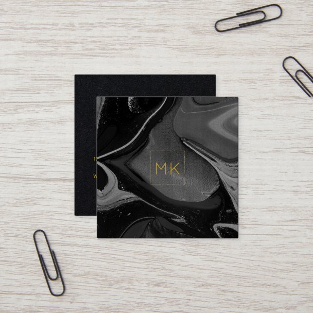 Black & Gold Monogram | Marble Square Business Card (Front/Back In Situ)