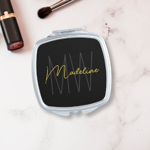 Black Gold Monogram Modern Chic Compact Mirror