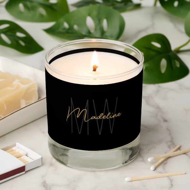 Black Gold Monogram Modern Chic Scented Candle (Lit)