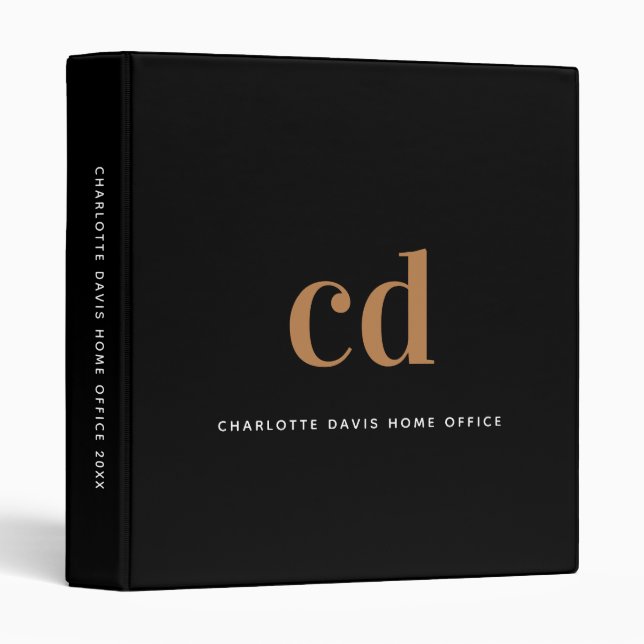 Black gold monogram modern elegant home office 3 ring binder (Front/Spine)