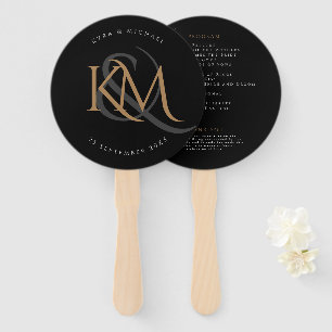 Black Gold Monogram Modern Elegant Wedding Program Hand Fan