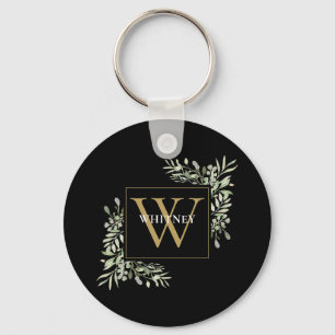 Black Gold Monogram Modern Greenery Personalized  Keychain