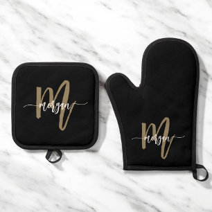 Black Gold Monogram Modern Kitchen Script Oven Mitt & Pot Holder Set