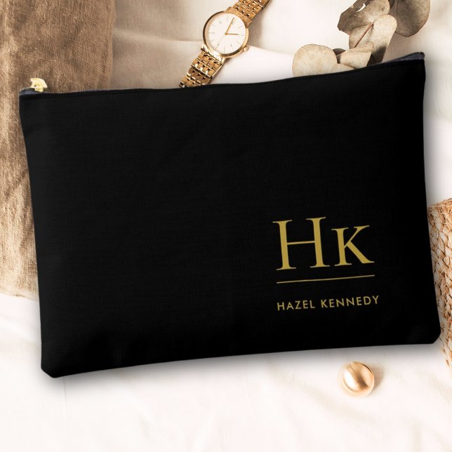 Black Gold Monogram Modern Minimalist Elegant Accessory Pouch (Creator Uploaded)