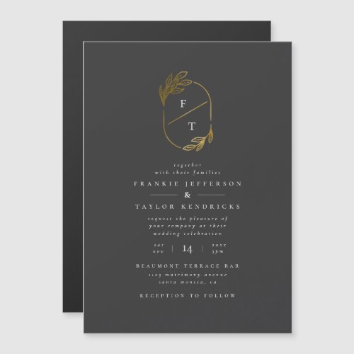 Black  Gold Monogram  Modern Minimalist Wedding Magnetic Invitation