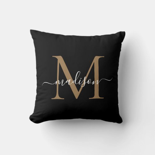 Black Gold Monogram Modern Stylish Feminine Script Throw Pillow