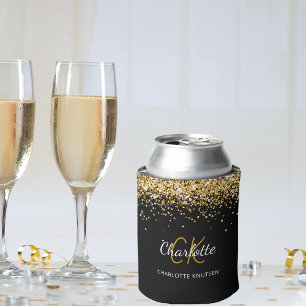 Black gold monogram name birthday can cooler