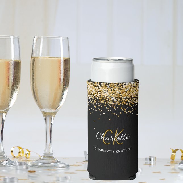 Black gold monogram name birthday seltzer can cooler (Creator Uploaded)