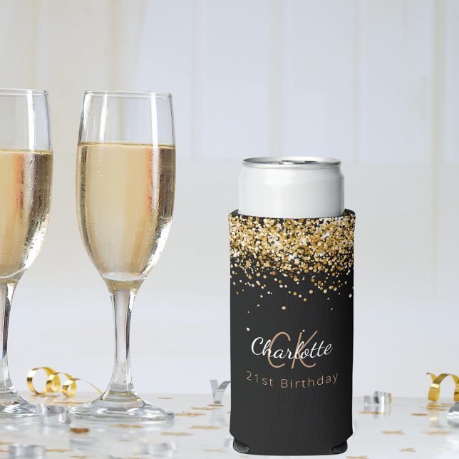 Black gold monogram name birthday seltzer can cooler (Creator Uploaded)