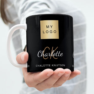 Black gold monogram name business logo coffee mug