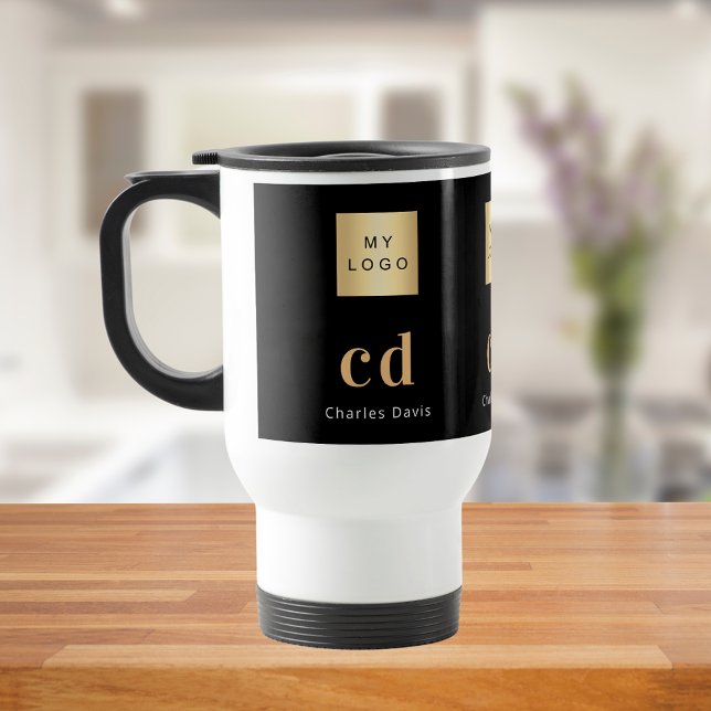 Black gold monogram name business  travel mug (Creator Uploaded)