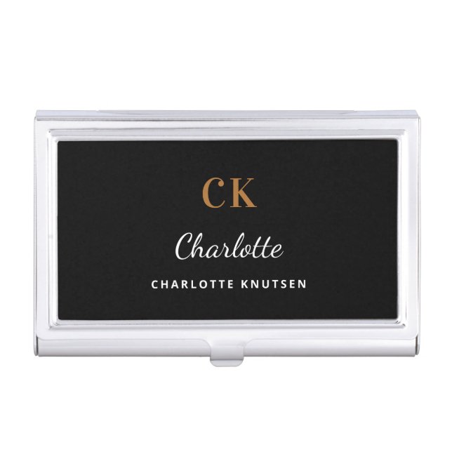 Black gold monogram name elegant modern business card case (Front)