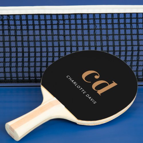 Black gold monogram name elegant modern ping pong paddle