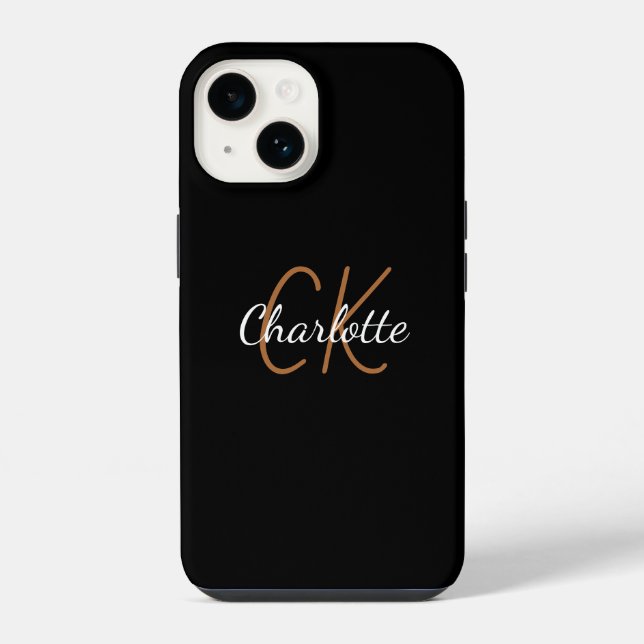 Black gold monogram name elegant script iphone case (Back)