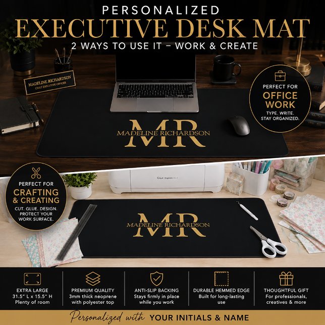 Black Gold Monogram Name Initials Office Desk Mat (Creator Uploaded)