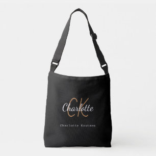 Black gold monogram name initials script crossbody bag
