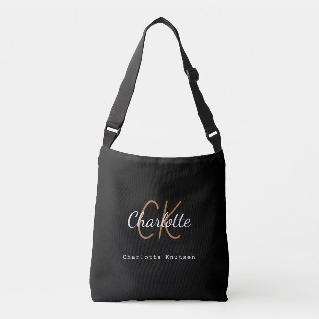 Black gold monogram name initials script crossbody bag (Front)