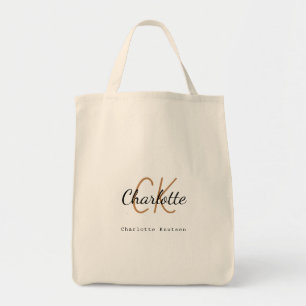 Black gold monogram name initials script simple tote bag
