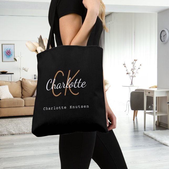 Black gold monogram name initials script tote bag (Creator Uploaded)