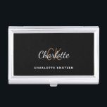 Black gold monogram name minimalist business card case<br><div class="desc">A classic chic black background. Personalize and add your first name,  monogram initials and full name. Modern,  trendy and simple.</div>