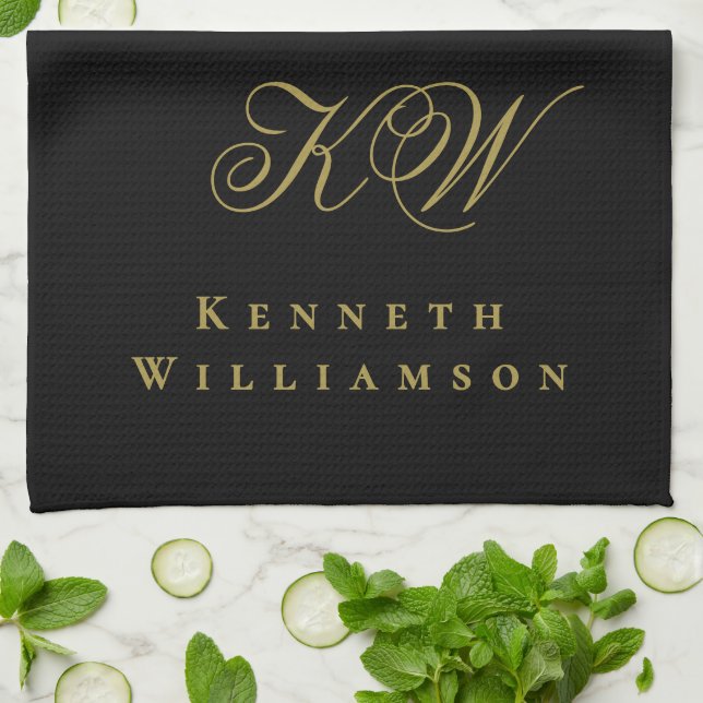 Black Gold Monogram Name Minimalist Elegant Men  Kitchen Towel (Folded)