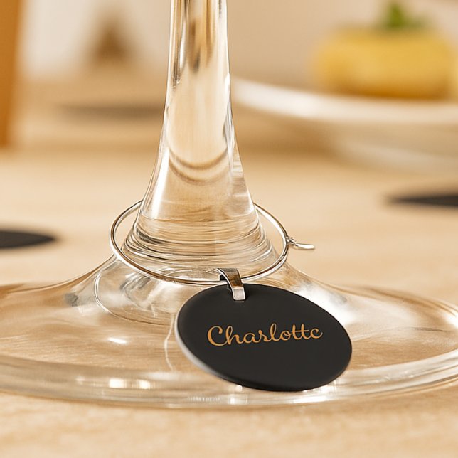 Black gold monogram name minimalist script wine charm (Creator Uploaded)
