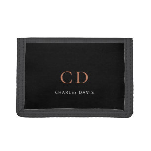 Black gold monogram name minimalist trifold wallet