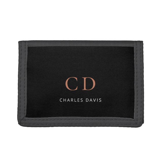 Black gold monogram name minimalist trifold wallet (Front)