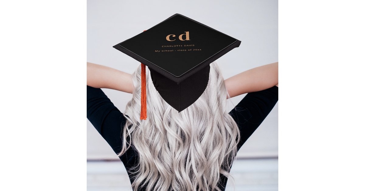Black gold monogram name modern minimalist graduation cap topper | Zazzle