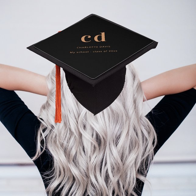 Black gold monogram name modern minimalist graduation cap topper (Creator Uploaded)