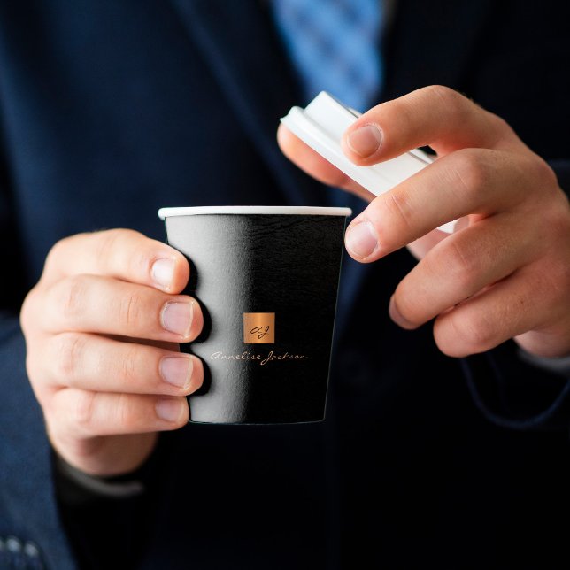 Black gold monogram name personalized elegant paper cups (Creator Uploaded)