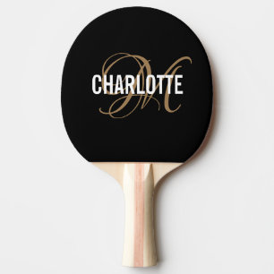 Black gold monogram name ping pong paddle