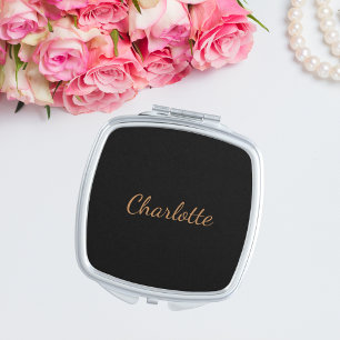 Black gold monogram name script minimalist compact mirror
