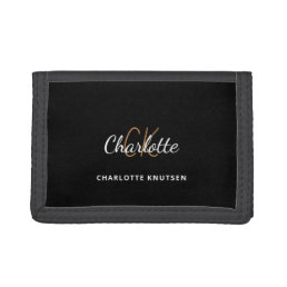 Black gold monogram name script minimalist trifold wallet