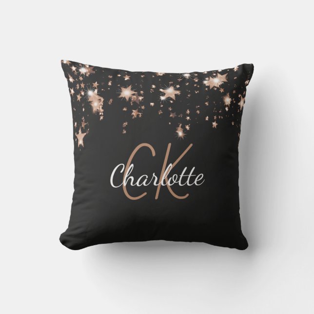 Black gold monogram name stars outdoor pillow (Front)
