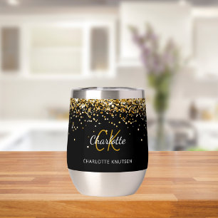 Black gold monogram name thermal wine tumbler
