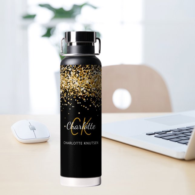 Black gold monogram name water bottle (Creator Uploaded)