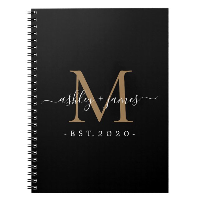 Black Gold Monogram Names Established Year Notebook (Front)