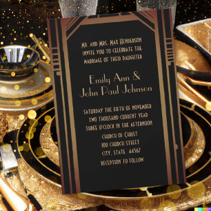 Black & Gold Monogram on Back Art Deco Wedding Invitation