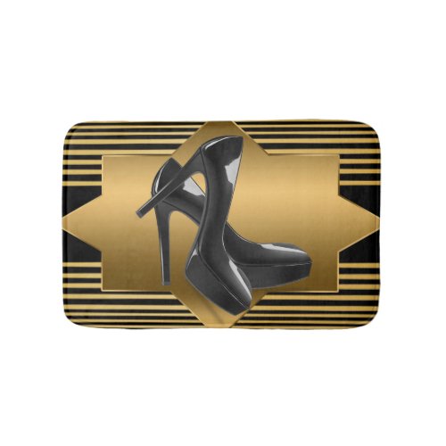 Black Gold Monogram Pattern  High Heels Bath Mat