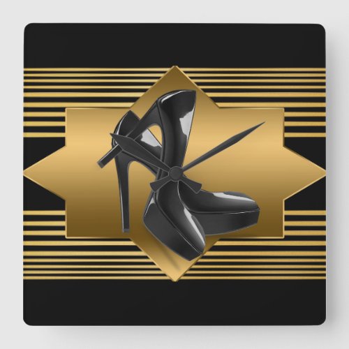 Black Gold Monogram Pattern  High Heels Square Wall Clock