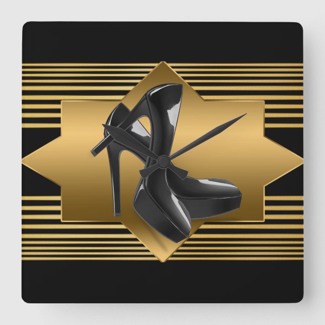 Black Gold Monogram Pattern & High Heels Square Wall Clock (Front)