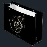 Black Gold Monogram Personalized Bridesmaid Large Gift Bag<br><div class="desc">This black personalized bridesmaid gift bag features personalized bridesmaid's name,  calligraphy monogram in gold color and wedding date. Change background and fonts colors easily if you like.</div>