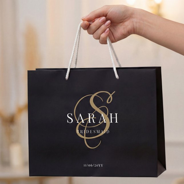 Black Gold Monogram Personalized Bridesmaid Large Gift Bag (Creator Uploaded)
